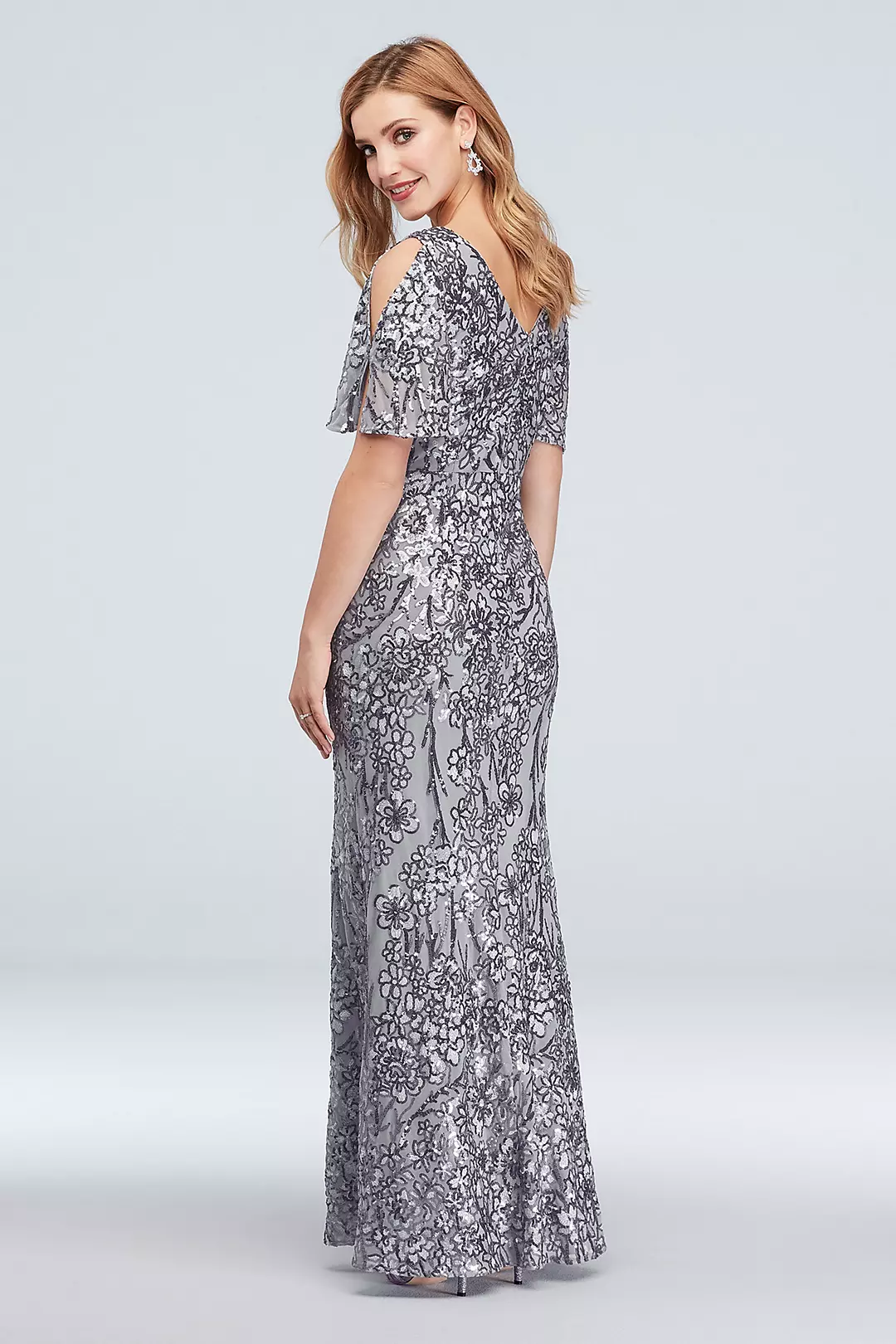 Sequin Floral Embroidered Flutter Sleeve Gown Image 2