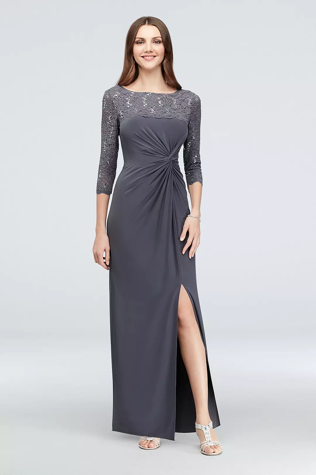 3/4-Sleeve Sequin Lace and Ruched Jersey Gown Image