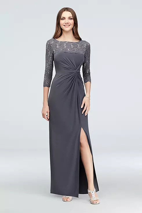 3/4-Sleeve Sequin Lace and Ruched Jersey Gown Image 1