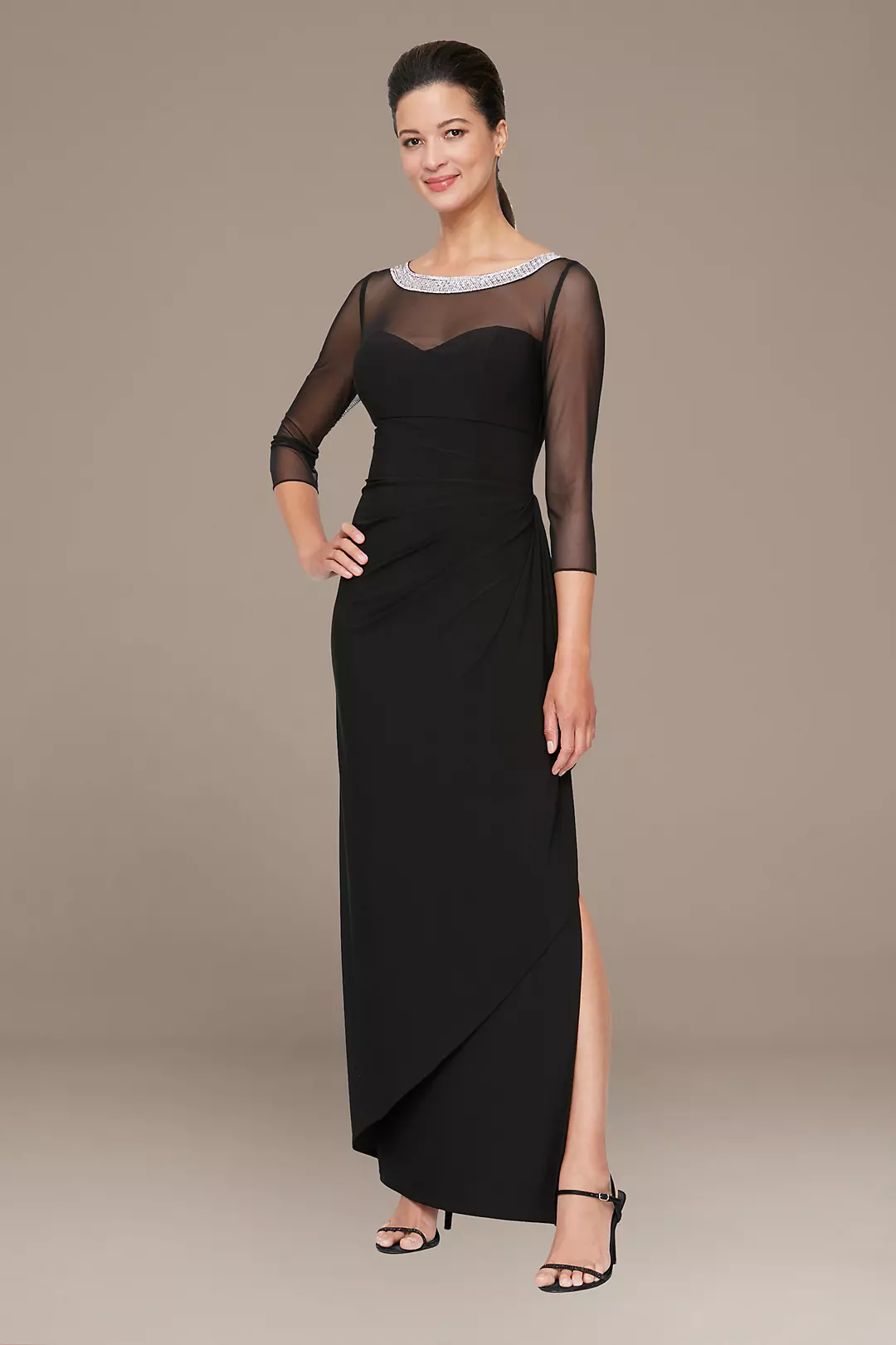 Petite Ruched Sheath with Beaded Illusion Neckline Image