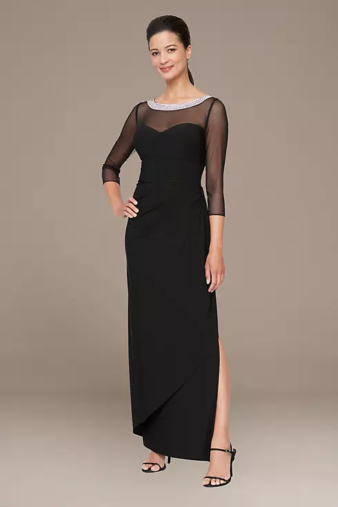 Petite Ruched Sheath with Beaded Illusion Neckline Image 1