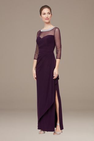 Petite Ruched Sheath with Beaded Illusion Neckline | David's Bridal