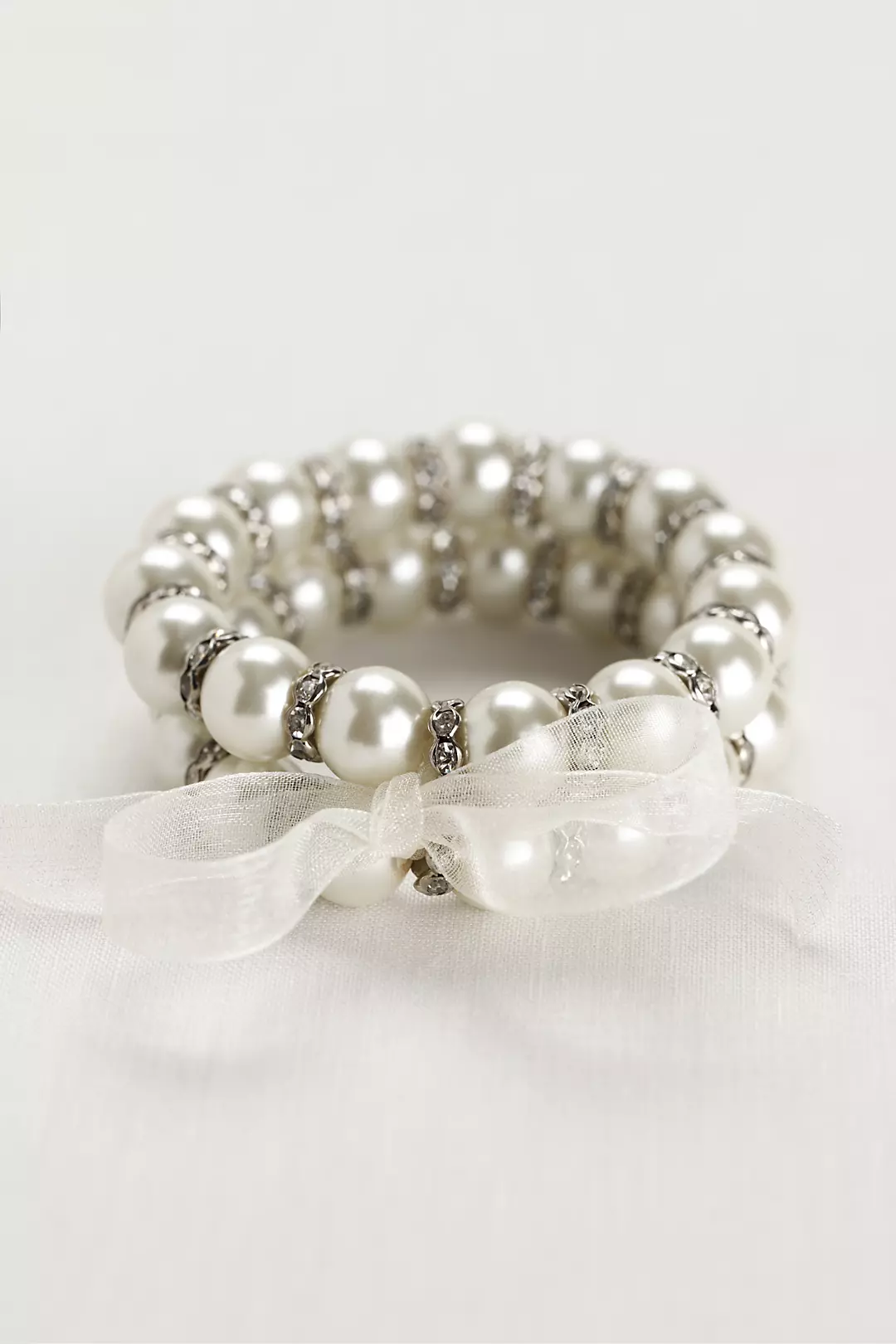 Ribbon Tied Pearl and Crystal Bead Bracelets Image