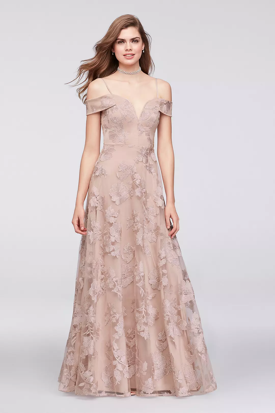 Embroidered Mesh Off-the-Shoulder A-Line Gown Image