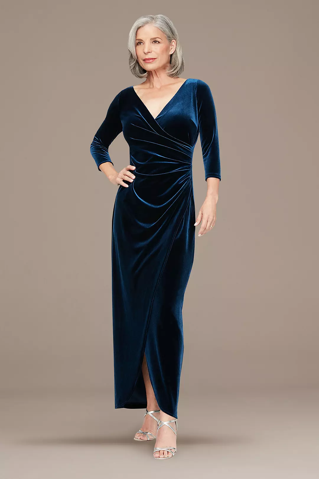Surplice Stretch Velvet Ruched Tulip Gown Image
