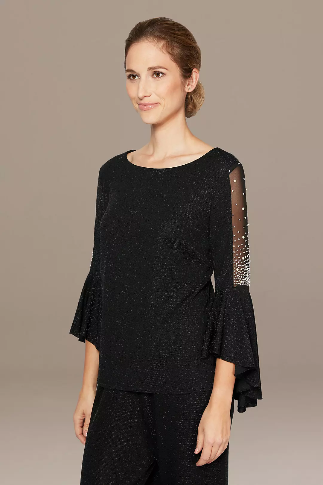 Metallic Knit Blouse with Beaded Illusion Sleeves Image