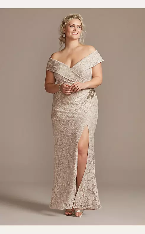 Off the Shoulder Lace Gown with Embellished Detail Image 1