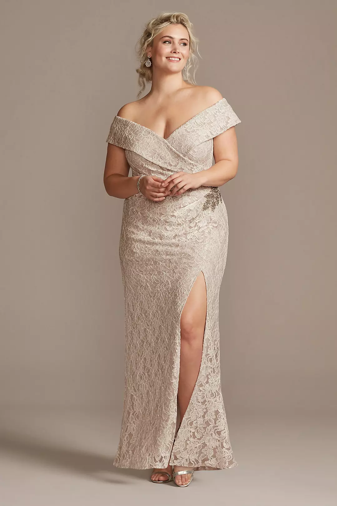 Off the Shoulder Lace Gown with Embellished Detail Image