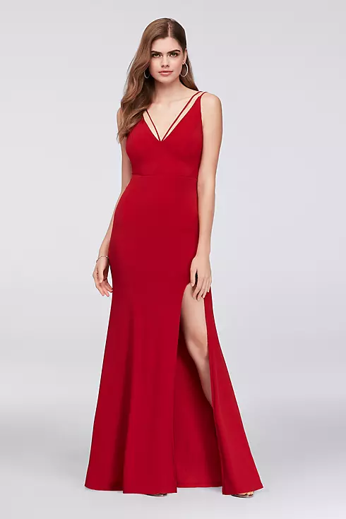 Double Strap Plunging Neckline Jersey Sheath Gown Image 1