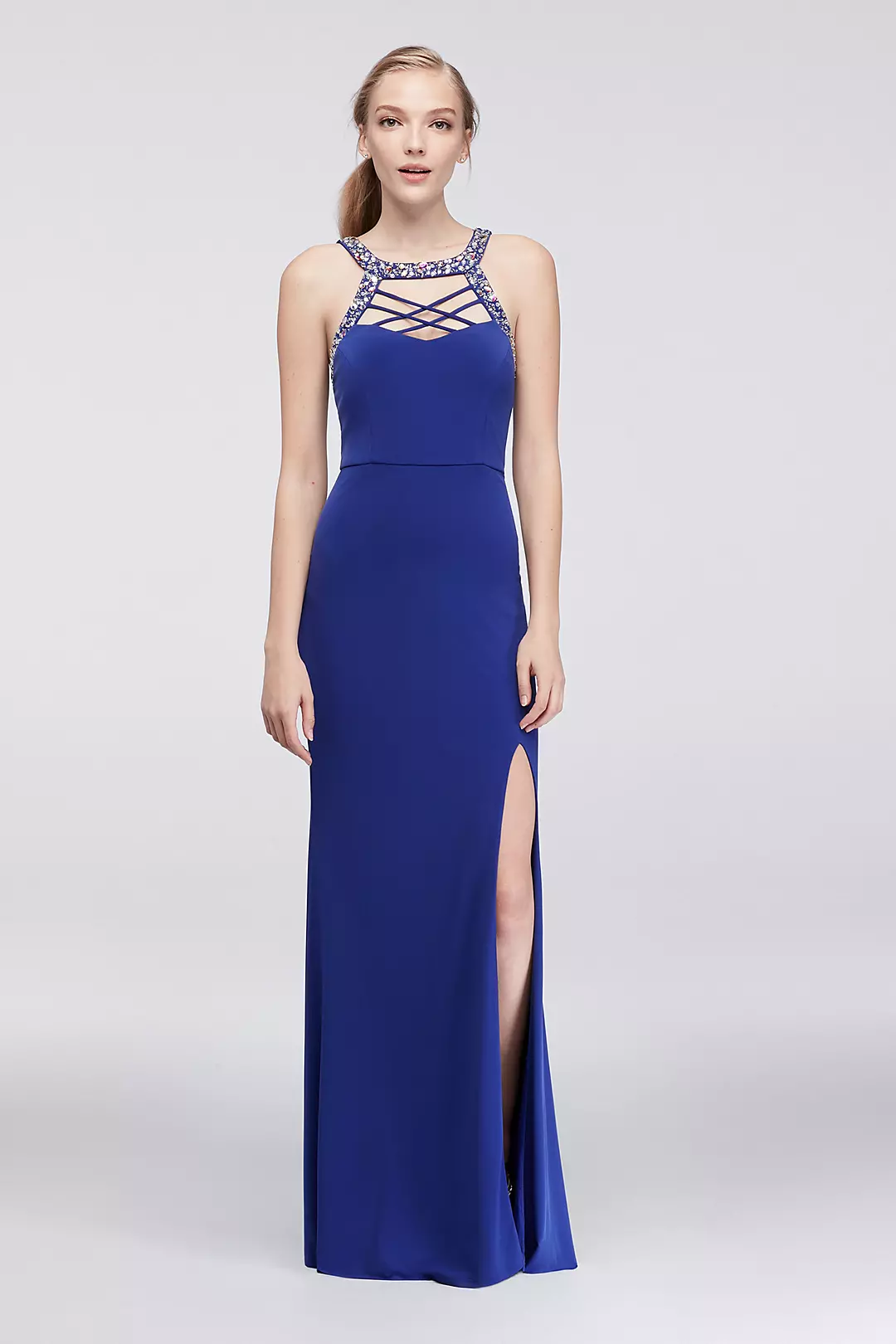 Crisscross Bodice Sheath Dress with Jewel Details Image