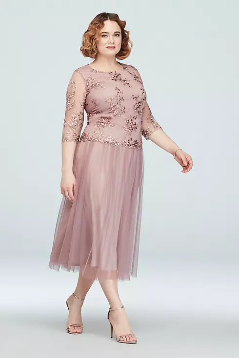 3/4 Sleeve Embroidered Tea-Length Plus Size Dress Image 1