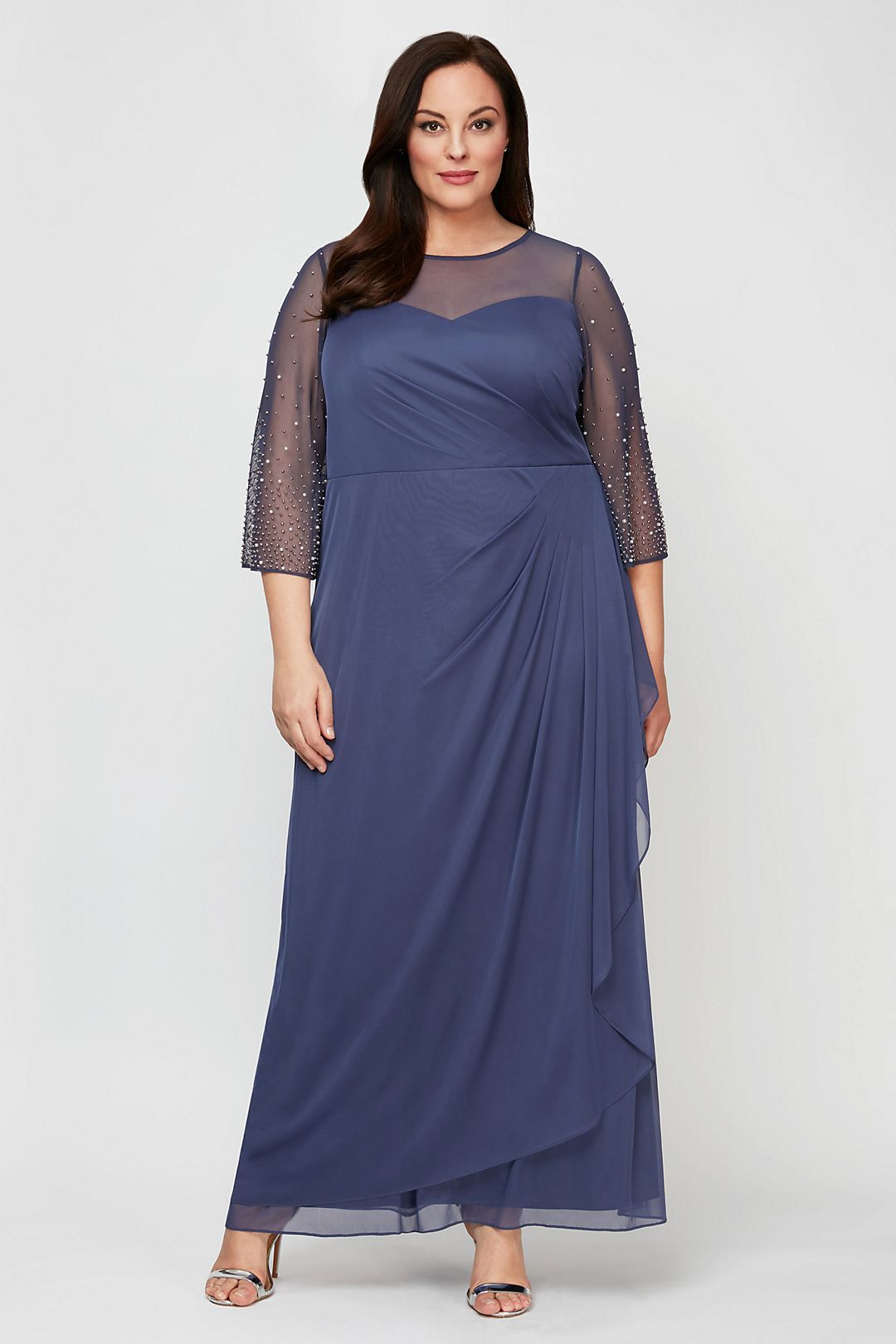 3/4 Beaded Sleeve Ruched Cascade Plus Size Dress Image 3