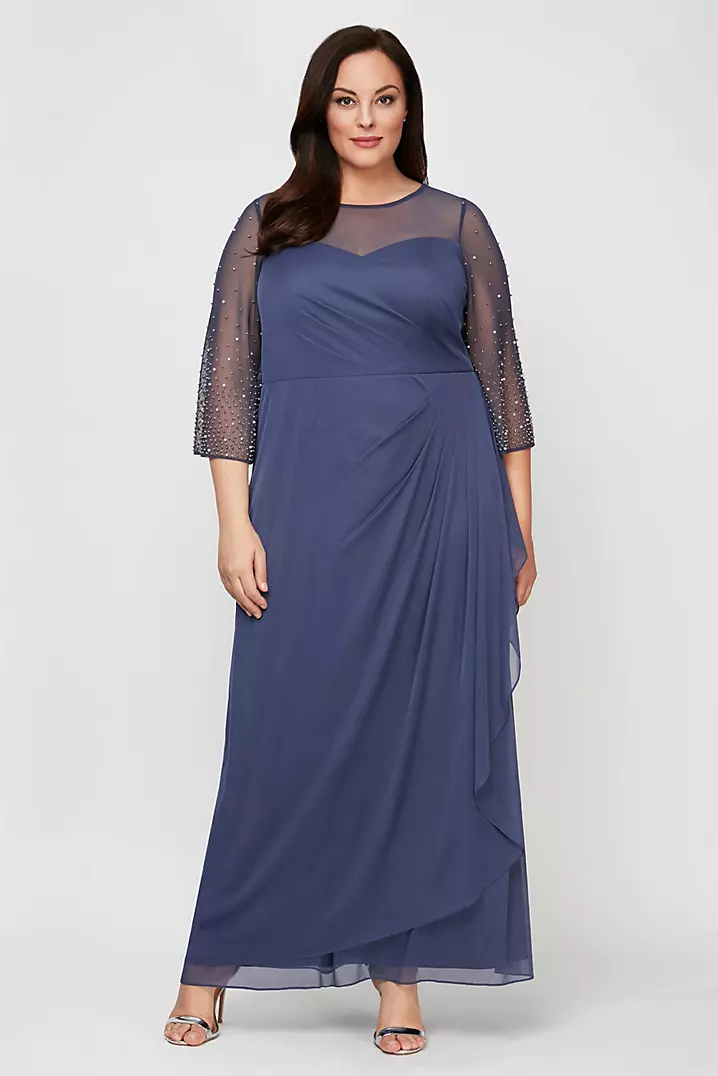 beaded evening dresses plus size Beaded Lace And Tulle Plus Size Long Dress With Scoop Neck