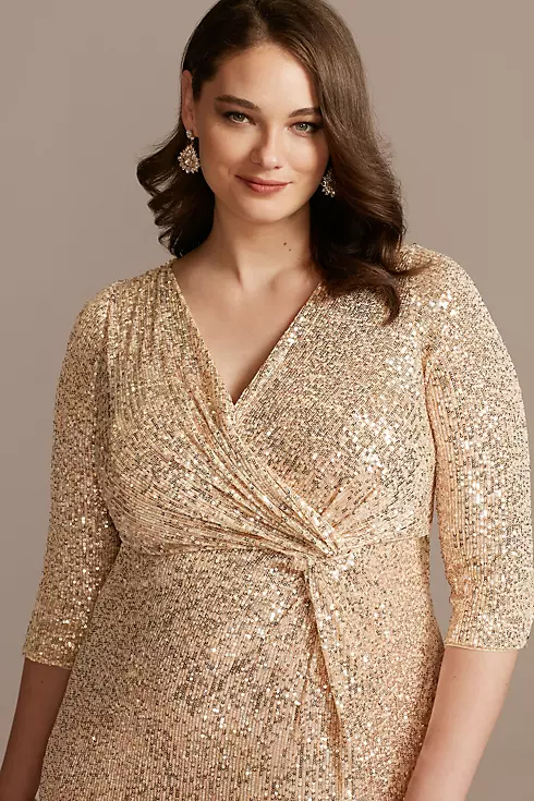 Sequin 3/4 Sleeve Wrap Front Dress with Twist Image 3