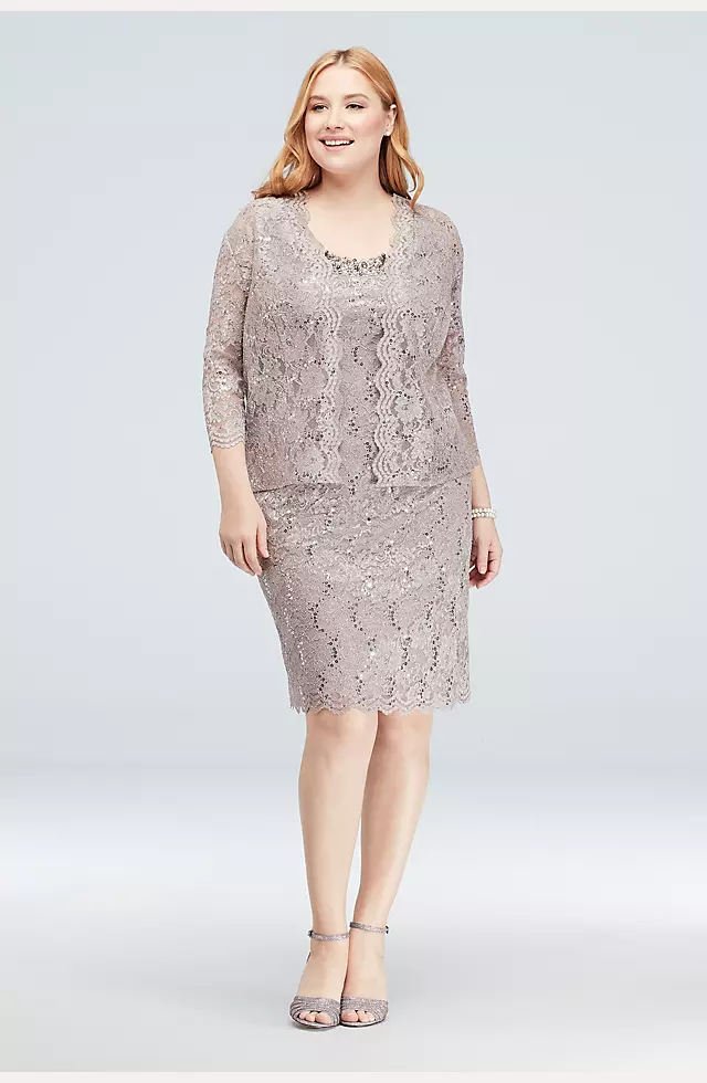 Beaded Neck Sequin Lace Plus Size Dress and Jacket | David's Bridal
