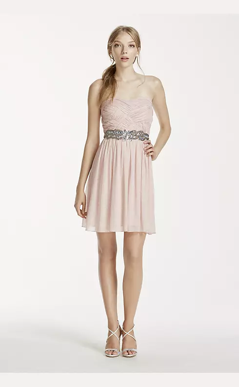 Crystal Beaded Waist Short Glitter Chiffon Dress Image 1