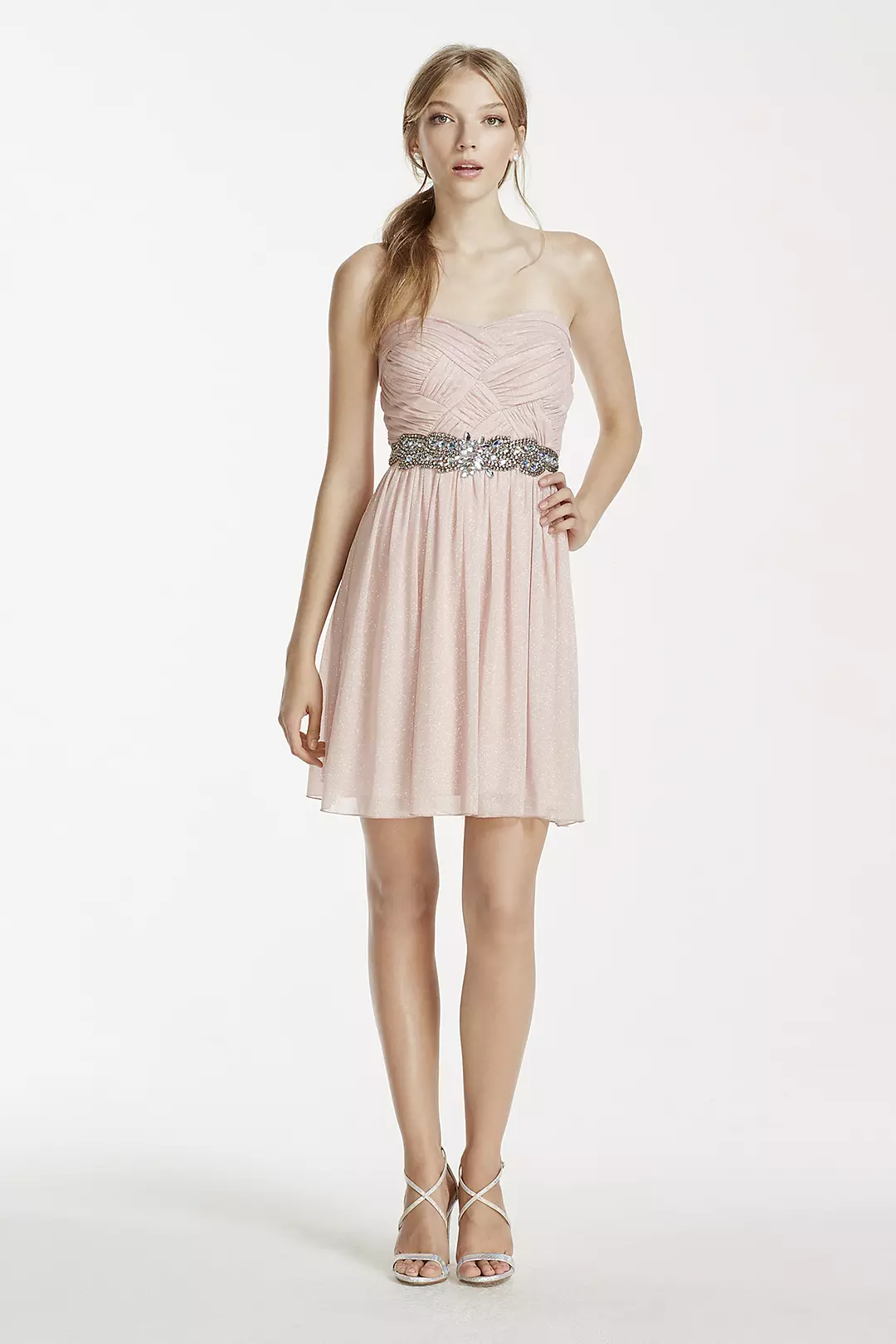 Crystal Beaded Waist Short Glitter Chiffon Dress Image
