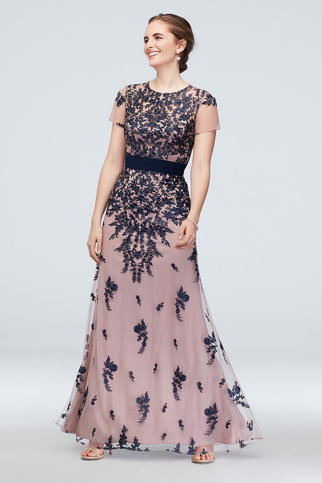 Cascading Floral Embroidery Mesh Gown with Belt Image 1