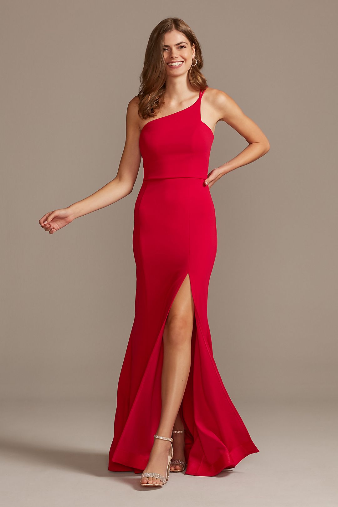 Asymmetric One-Shoulder Strappy Gown with Slit Image 1
