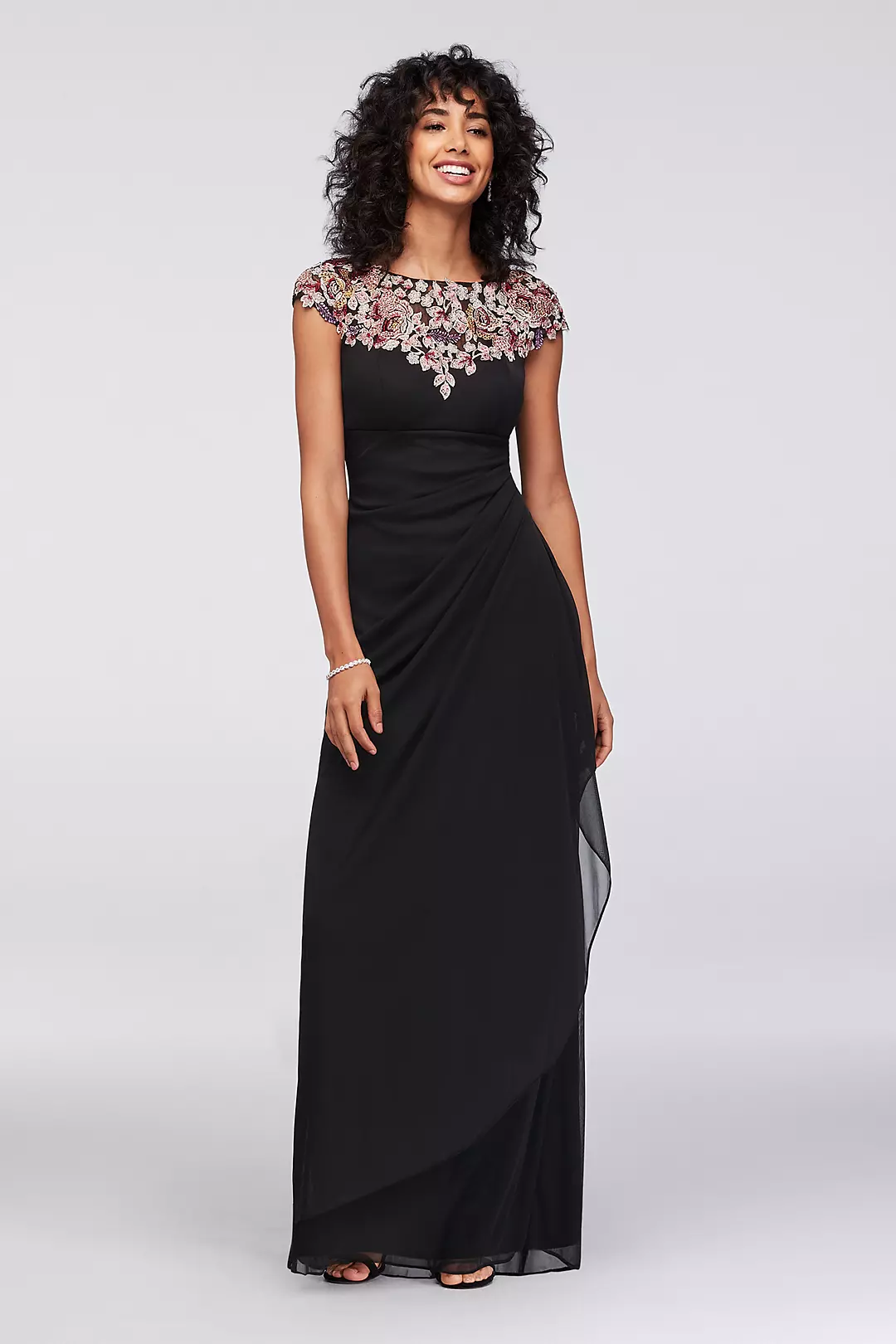 Floral Appliqued Sheath Gown with Ruched Skirt Image