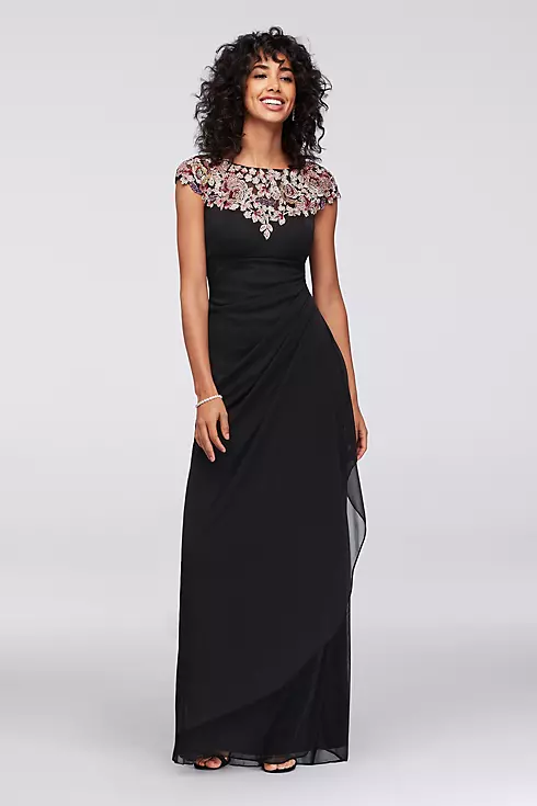 Floral Appliqued Sheath Gown with Ruched Skirt Image 1