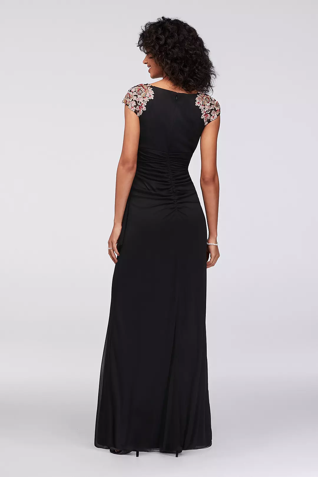 Floral Appliqued Sheath Gown with Ruched Skirt Image 2