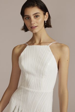 Sequined Halter Neck Patterned Sheath Dress David's Bridal