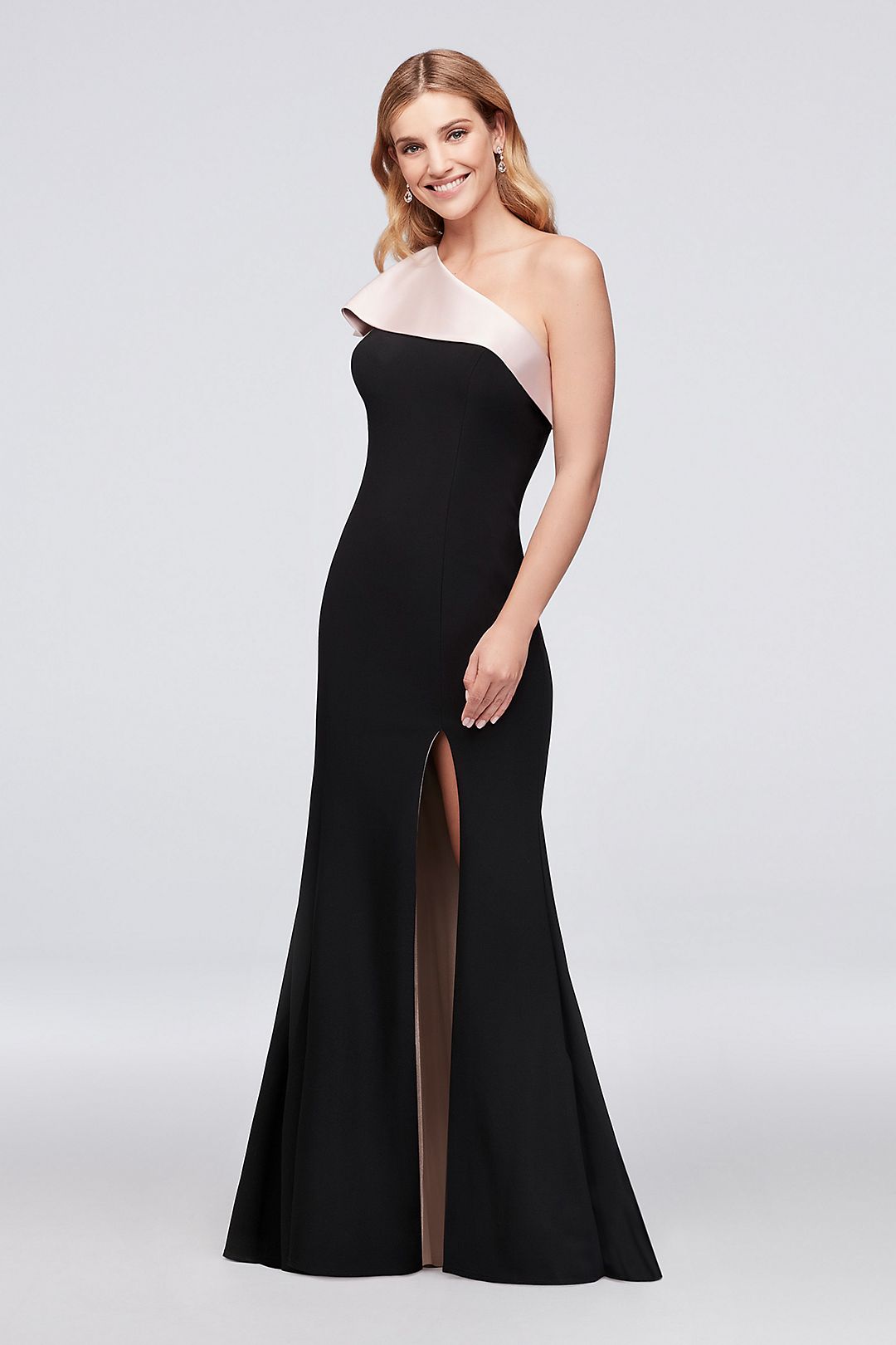 One-Shoulder Contrast Ruffle Jersey Sheath Gown Image 1