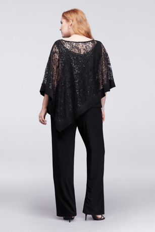 Sequin Lace Plus Size Pantsuit with Sheer Capelet | David's Bridal