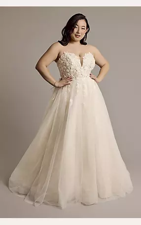 3D Floral Plunging Strapless Tulle Ball Gown Image 1