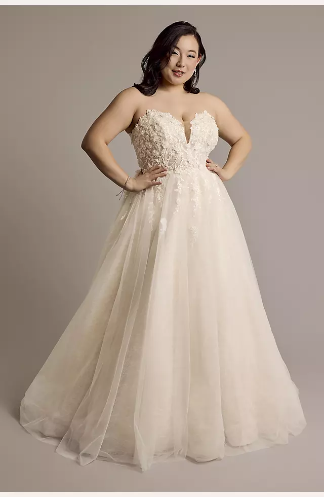 3D Floral Plunging Strapless Tulle Ball Gown Image