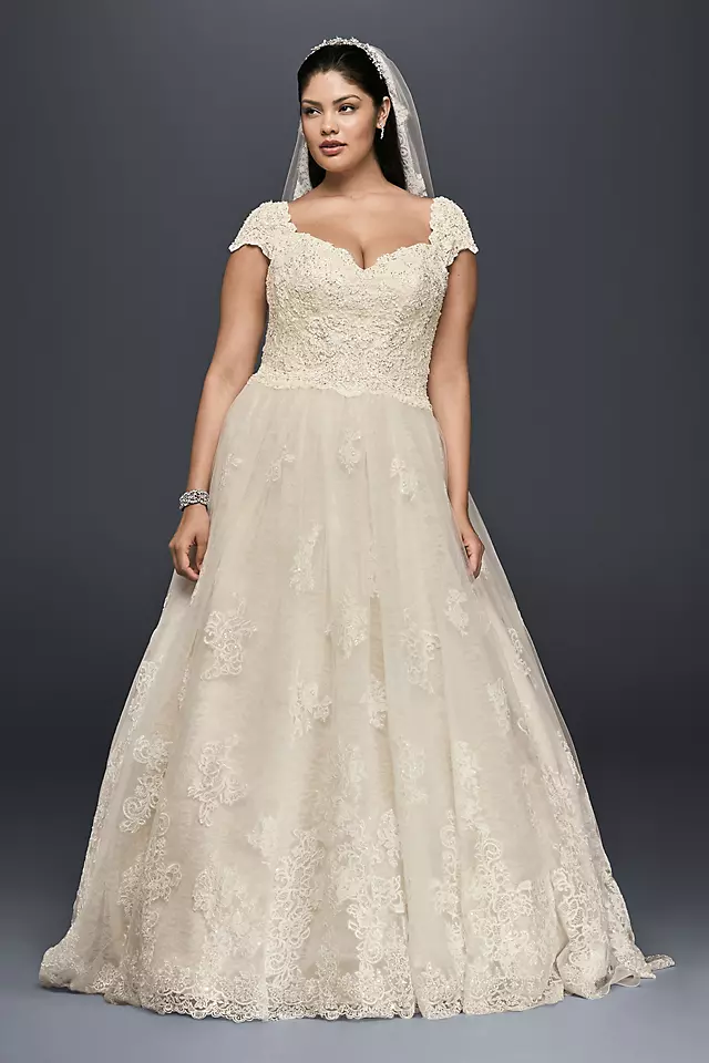 Cap Sleeve Lace Plus Size Ball Gown Wedding Dress Image