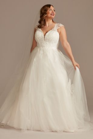 As Is Plunging Cap Sleeve Plus Tulle Wedding Dress