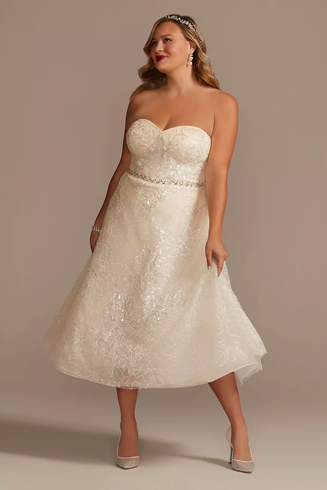Floral Glitter Tulle Tea-Length Wedding Dress Image