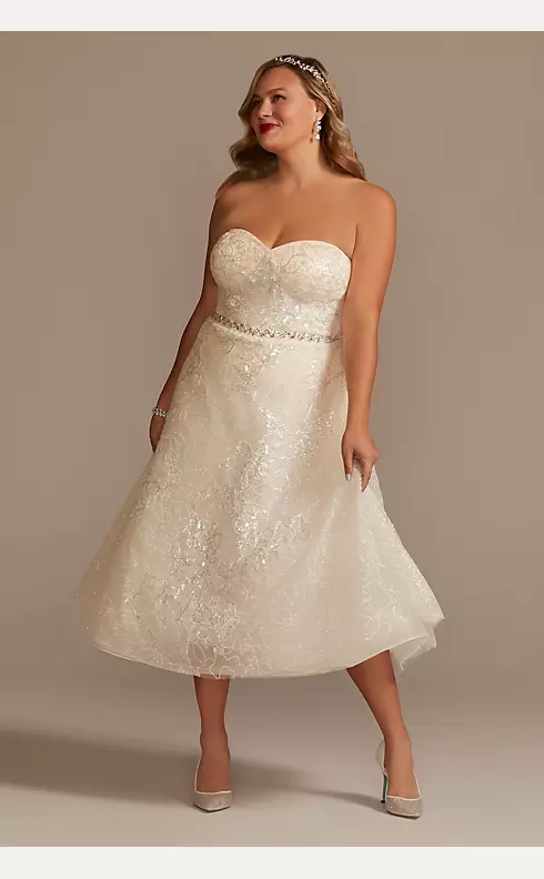 Floral Glitter Tulle Tea-Length Wedding Dress Image 1