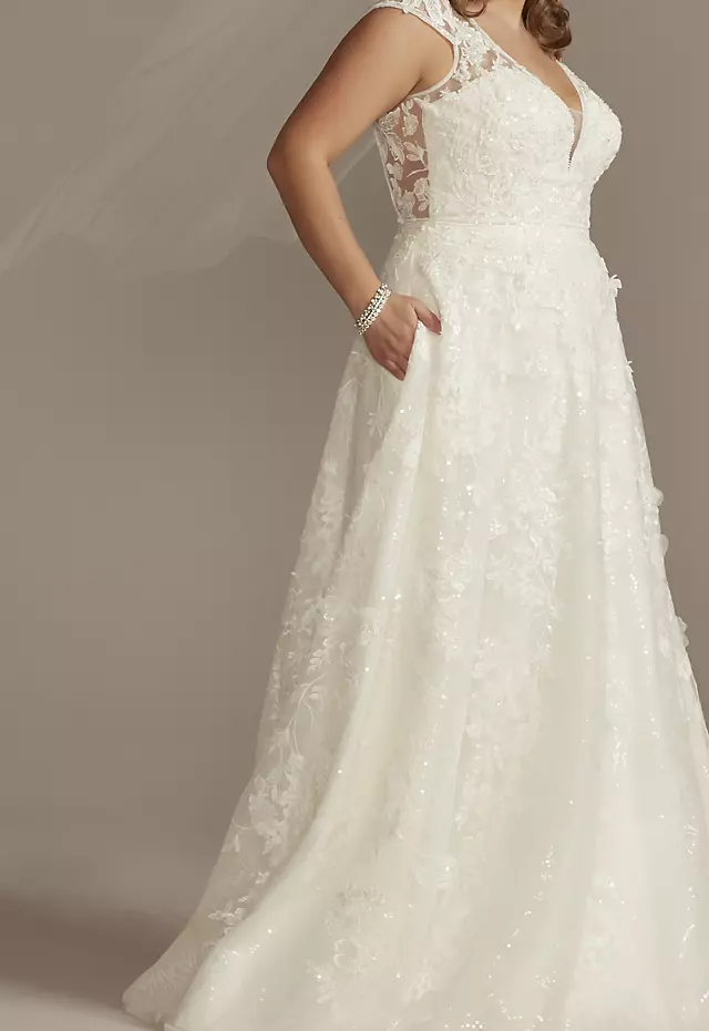 Cap Sleeve 3D Floral Lace Open Back Wedding Dress Image 4