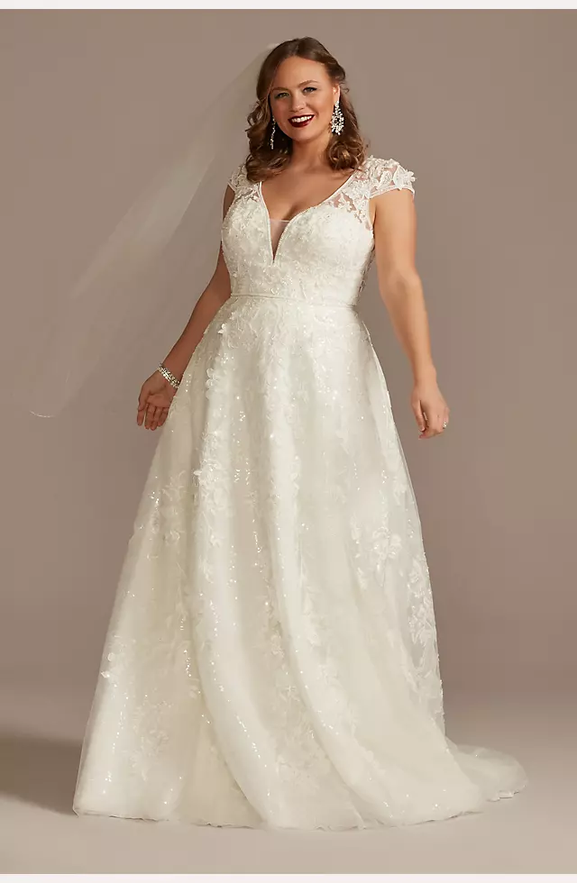 Cap Sleeve 3D Floral Lace Open Back Wedding Dress Image