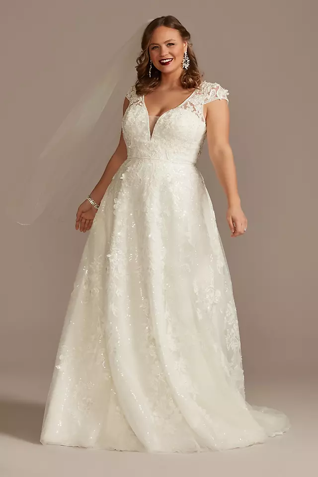 Cap Sleeve 3D Floral Lace Open Back Wedding Dress Image