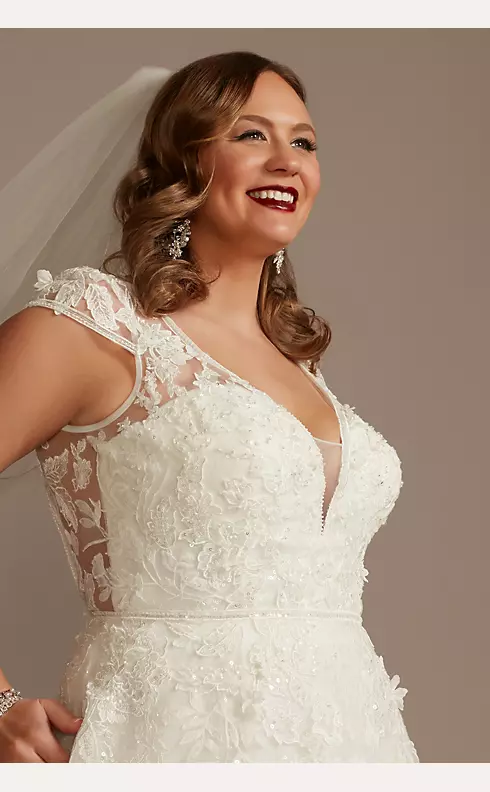 Cap Sleeve 3D Floral Lace Open Back Wedding Dress Image 3