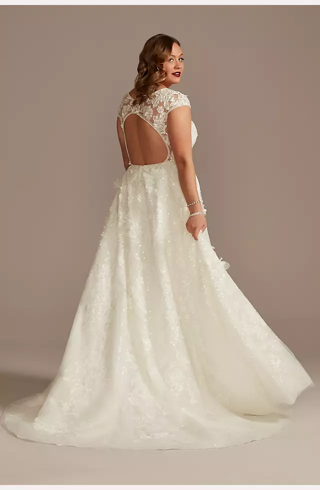 Cap Sleeve 3D Floral Lace Open Back Wedding Dress Image 2