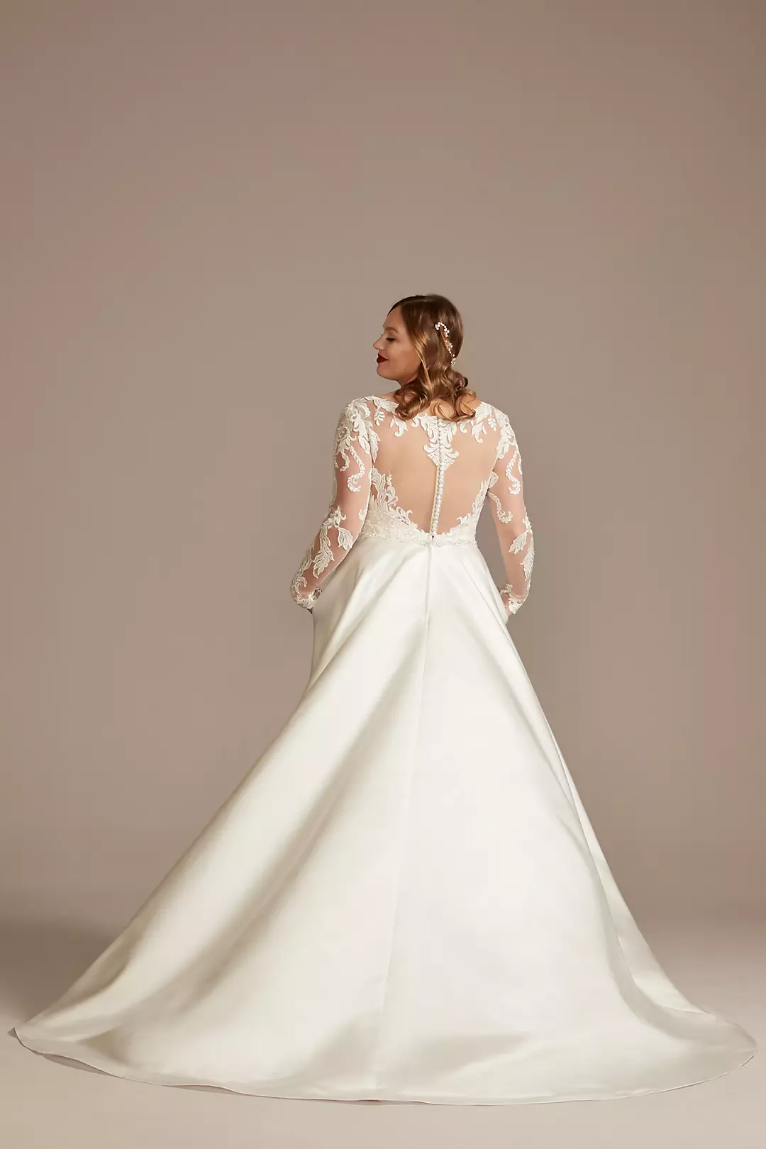 Long Sleeve Satin Applique Wedding Dress Image 2