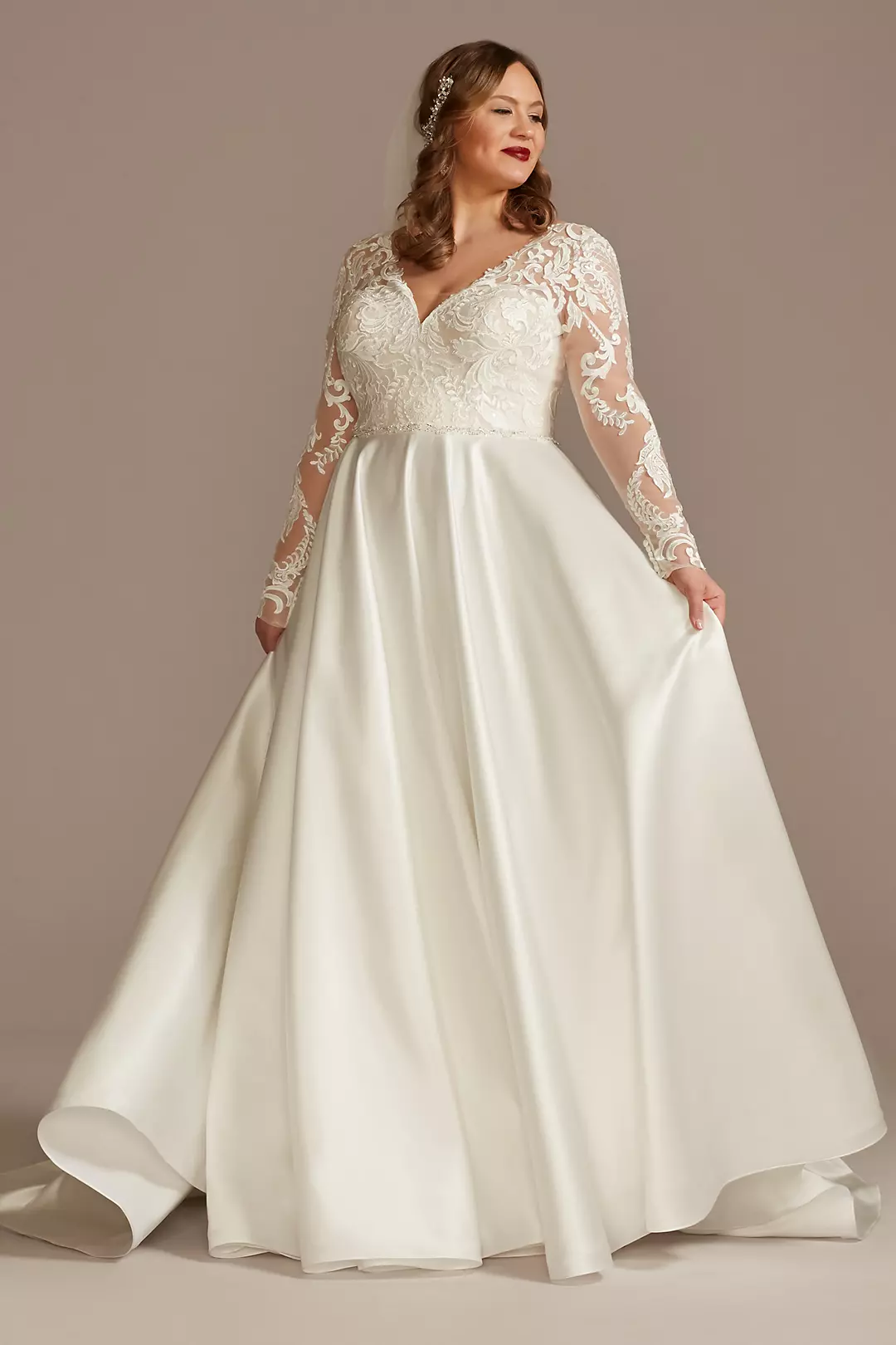 Long Sleeve Satin Applique Wedding Dress Image