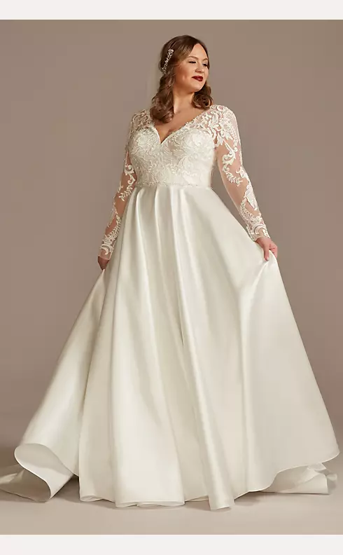 Long Sleeve Satin Applique Wedding Dress Image 1