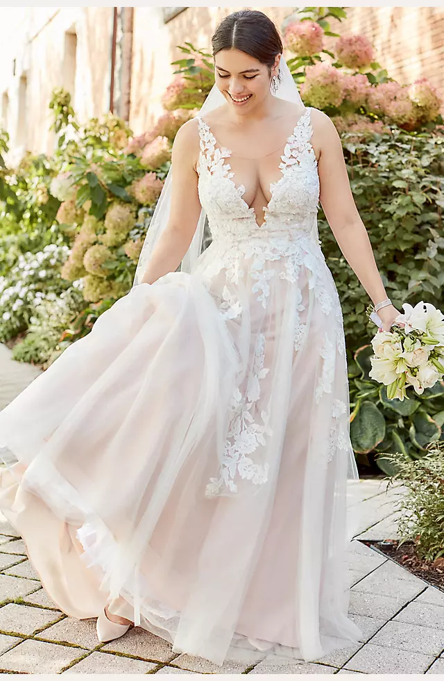 As Is Illusion Plunge Lace Plus Size Wedding Gown Image 4