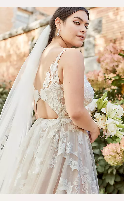Sheer Illusion Ivory Lace Plunging Neck Tulle Wedding Dress