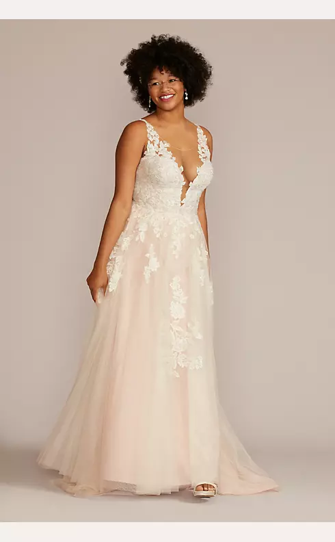 Glitter Mesh Lace Plunging V Neck Fall Wedding Dress - VQ