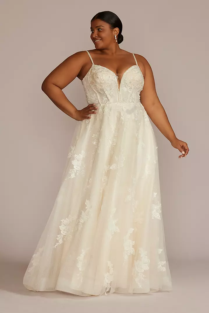 glitter corset wedding dress Wedtrend Women Elegant Ivory Flower Wedding Dress Sparkly Bridal Dress A Line Sequin Corset Prom Dress With Slit – WEDTREND main image 1