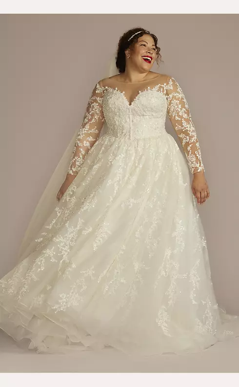 Lace Appliqued Illusion Long Sleeve Wedding Dress Image 1