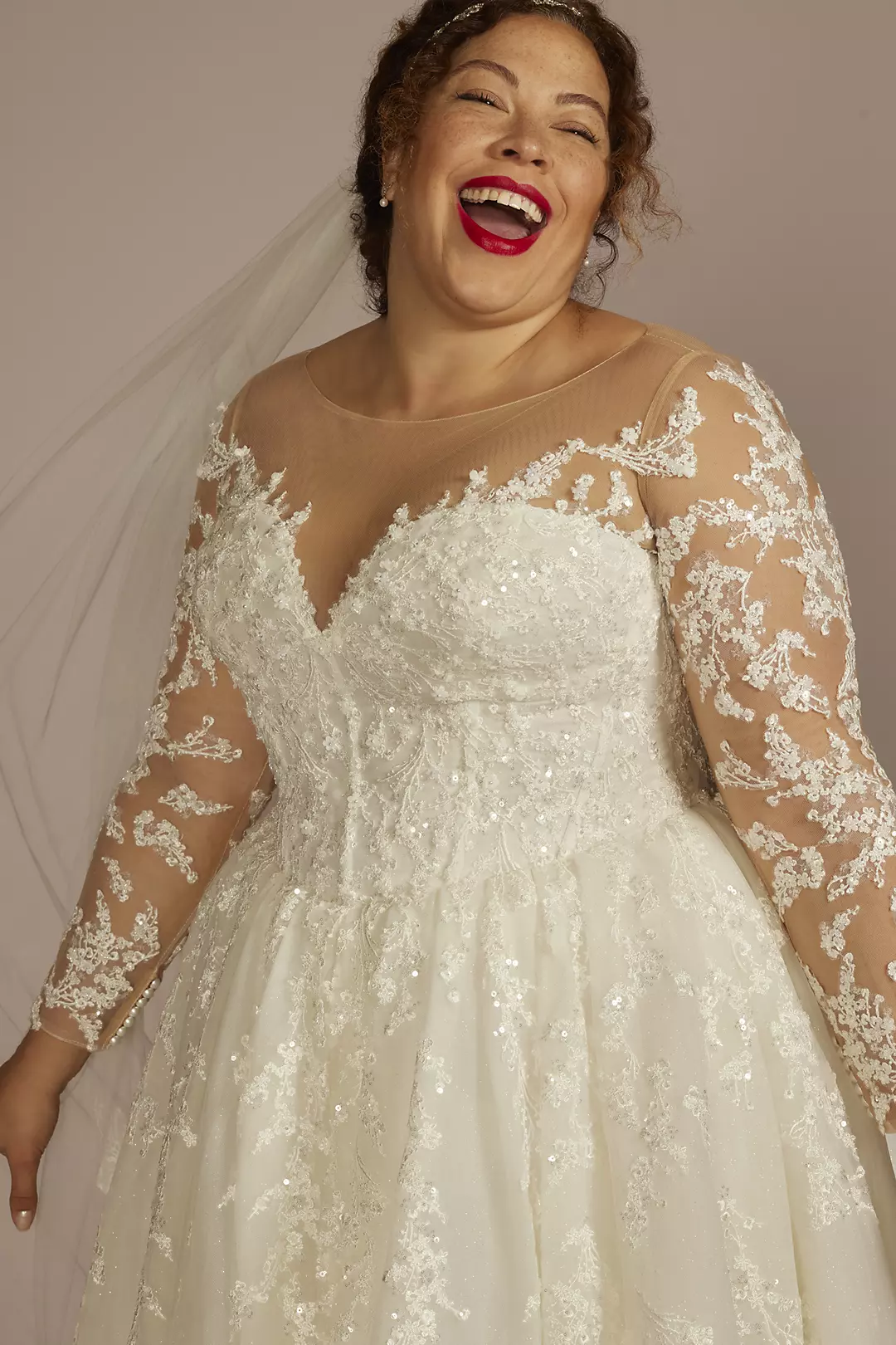 As Is Appliqued Illusion Long Sleeve Wedding Dress | David's As Is Appliqued Illusion Long Sleeve Wedding Dress | David's