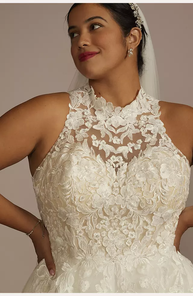 High Neck Lace Applique Tulle Wedding Dress Image 3